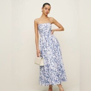 Reformation Monette Linen Dress  Blue Floral Midi Dress